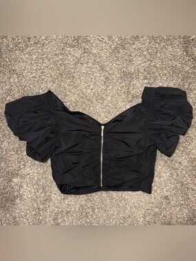 Express Black Puff-Sleeve Cropped Top with Front Zip